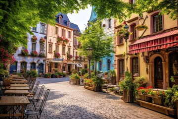 Fototapeta na wymiar Cobblestone Streets, Colorful Facades, and Quaint Cafes: Exploring a Charming European Village, generative AI