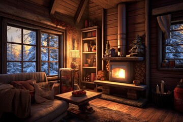Cozy Cabin Retreat: Experience Warmth and Tranquility in a Serene Woodland Setting, generative AI