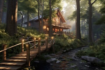 Peaceful Natural Setting: Discover A Cozy Cabin Nestled Among Towering Woods, generative AI