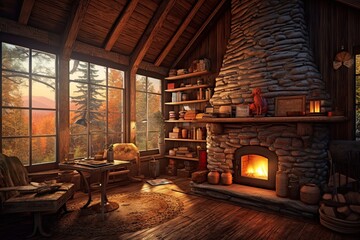 Escape to the Serene Natural Surroundings of a Cozy Cabin with a Crackling Fireplace and Warm Interior, generative AI