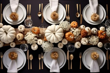 Modern table setting for fall holidays, thanksgiving, halloween, wedding with pumpkins and autumn leaves - Powered by Adobe