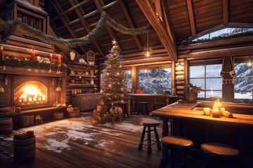 Cozy Winter Wonderland: Snow-Covered Trees, Warm Fireplace, and Hot Cocoa at a Log Cabin, generative AI