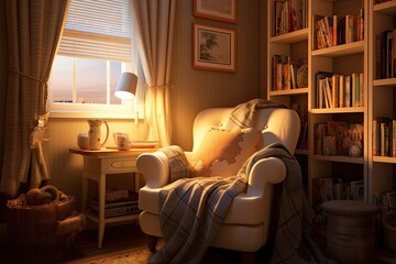 Create Your Perfect Cozy Reading Nook: Comfy Armchair, Bookshelves Overflowing with Stories, Soft Lighting, generative AI