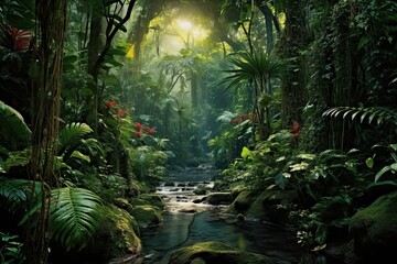 Dense Rainforest: Towering Trees, Exotic Plants, and Echoing Sounds of Wildlife, generative AI