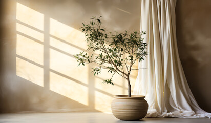 Minimalist room decor with a vase of flowers by the window. AI generated