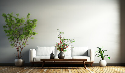 Minimalist living room decor with white sofa. AI generated