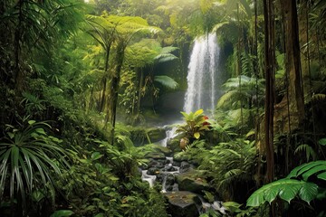 Misty Rainforest Waterfall: Serene Oasis Amid Lush Foliage and Cascading Waters, generative AI