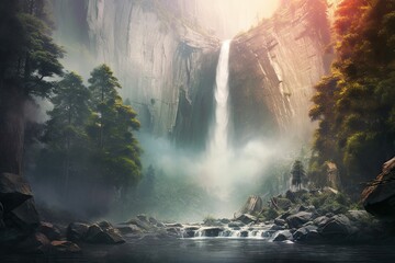Powerful Natural Beauty: Discover the Majestic Cascading Waterfall with Misty Spray, generative AI