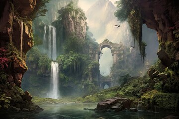 Mesmerizing Cascade: A Majestic Waterfall Revealing Misty Spray and Lush Surroundings, generative AI
