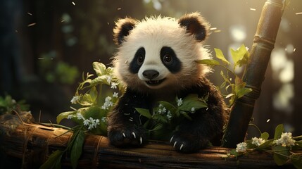 Panda among the greenery of the jungle. Close-up of a bamboo bear, Animal looking at the camera, vegetative forest background, a banner for advertising nurseries of rare animals.
Generative AI