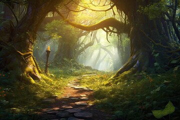 Fototapeta premium Enchanted Paths: Discovering the Mystical Forest Glen with Ancient Trees and Sun-Dappled Beauty, generative AI