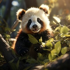 Panda among the greenery of the jungle. Close-up of a bamboo bear, Animal looking at the camera, vegetative forest background, a banner for advertising nurseries of rare animals.
Generative AI