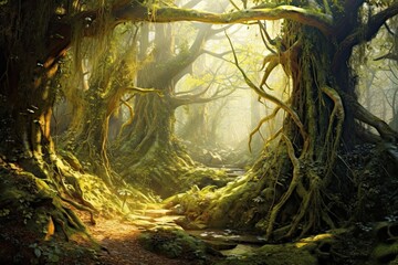 Enchanting Mystical Forest: Ancient Trees and Dappled Sunlight Conjure a Sense of Magic, generative AI