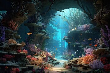 Discover the Enchanting Sea Creatures and Hidden Treasures of a Mystical Underwater Realm with Shimmering Coral Reefs, generative AI
