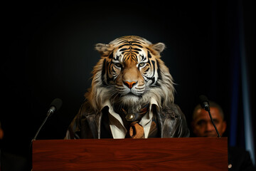 A tiger who is a politician or president speaking to the press from a podium with microphones, wearing a formal suit