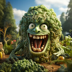 cartoon crazy cabbage in vegetable garden AI generated, high quality 3D illustration