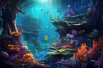 Fototapeta na wymiar Discover the Enchanting Mysteries of an Underwater Realm: Explore Shimmering Coral Reefs, Encounter Enchanting Sea Creatures, and Uncover Hidden Treasures, generative AI