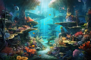 Fototapeta na wymiar Exotic Marine Life and Vibrant Coral Reefs: Exploring a Mystical Underwater Realm, generative AI