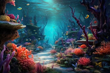 Obraz na płótnie Canvas Exploring the Enchanting Depths: Dive into a Vibrant Underwater Realm of Exotic Marine Life and Mystical Coral Reefs, generative AI