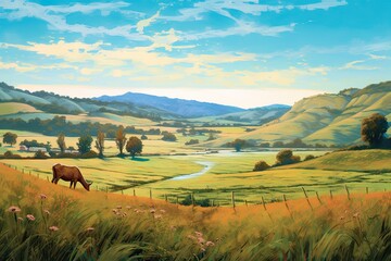 Obraz premium Tranquil Countryside Bliss: Rolling Hills, Grazing Animals, and a Clear Blue Sky, generative AI