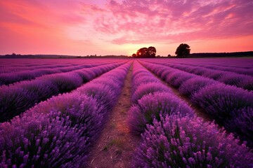 Lavender Serenity: Blooming Fields, Purple Sunset, and Gentle Breeze, generative AI