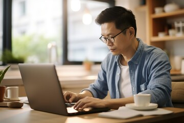 Asian businesswoman in smart casual attire working on laptop at home office, alongside a student focusing on online learning and studying remotely.