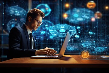 Man uses laptop in smart office, working on e-learning, data science, IoT, AI, and business analysis - merging business and technology worlds.