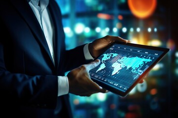 A businessman analyzing market data, using a tablet for financial graphs, stock reports, and strategy, with a business data analysis concept.
