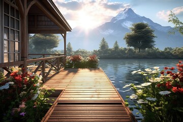 Serene Lakeside Escape: Wooden Dock, Peaceful Waters, and Stunning Mountain Backdrop, generative AI