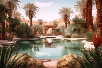 Fototapeta premium Tranquil Solitude: Discover the Serene Desert Oasis with Palm Trees and a Shimmering Pool, generative AI