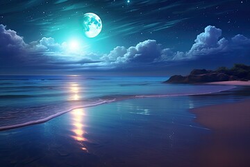 Serene Moonlit Beach: Gentle Waves, Luminous Moon, Sparkling Starry Sky, generative AI