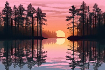 Fototapeta premium Serene Lakeside Sunset: Pastel Hues, Calm Water, Silhouetted Trees, generative AI