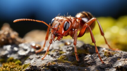 A macro photograph of red ant on the ground.