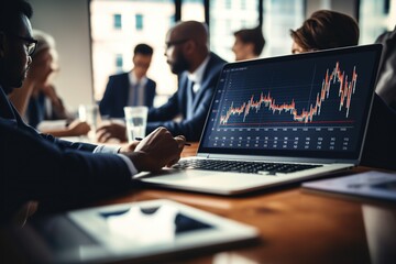 Business team using laptops analyzing stock market, currency exchange, banking with forex graph, trading chart.