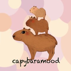 Illustration family of capybara mama with kids on her back on the colourful background from different size of circles: pastel yellow, pastel pink, pastel lilac and pastel orange colours.