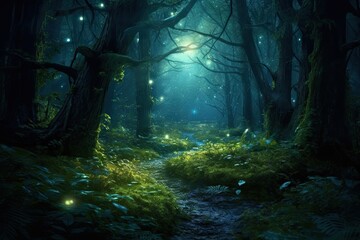 Enchanting Moonlit Forest: Serene Beauty with Faint Moonbeams, generative AI