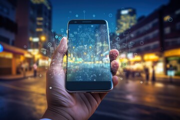IoT connects digital tech, global network, social media marketing. Woman uses smartphone in smart city with tech icons.