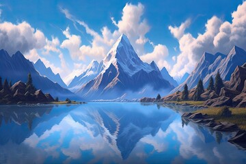 Tranquil Blue Sky Reflects in Majestic Peaks Surrounding Serene Mountain Lake, generative AI