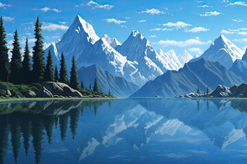 Serene Mountain Lake: Majestic Peaks, Reflecting Clear Blue Sky, generative AI