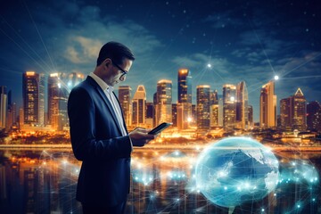 IoT: Internet of Things driven by global network, digital tech, social media marketing. Businessman using tablet in a smart city with tech icons.