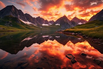 Sunrise Splendor: A Majestic Mountain Lake Embraced by Towering Peaks, generative AI