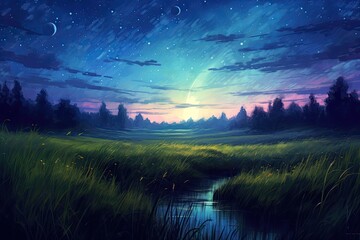 Tranquil Field Under a Twinkling Starry Night Sky: Explore the Enchanting Constellations and Crescent Moon, generative AI