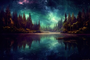 Shimmering Reflections: Serene Lake Beneath a Starry Night Sky, generative AI