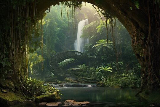 Tranquil Rainforest Waterfall: A Serene Oasis of Lush Greenery and Misty Water, generative AI