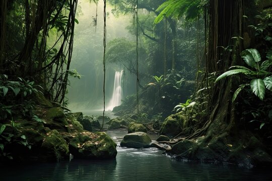 Tranquil Rainforest Retreat: A Serene Waterfall Oasis with Lush Greenery and Misty Cascades, generative AI