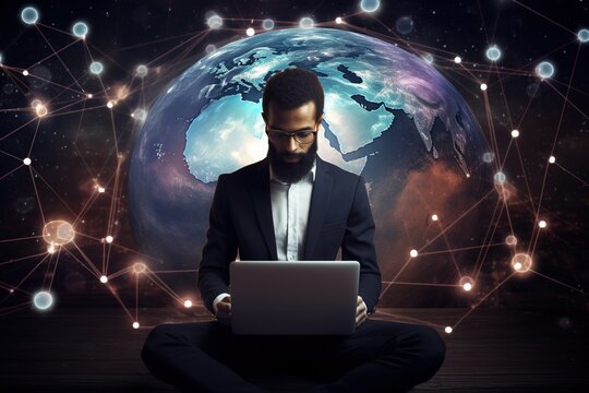 Man utilizing laptop and tablet with internet for global communication and digital transformation