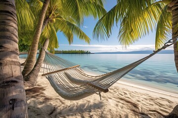 Tranquil Beach Oasis: Swaying Palm Trees, Turquoise Waters, and Gentle Ocean Breeze in a Hammock, generative AI