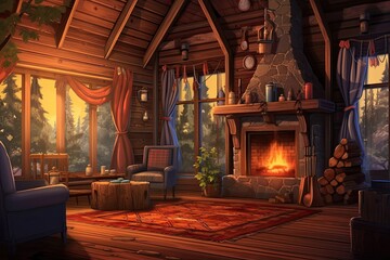 Tranquil Forest Retreat: Cozy Fireplace and Peaceful Atmosphere in a Cabin Surrounded by Towering Trees, generative AI