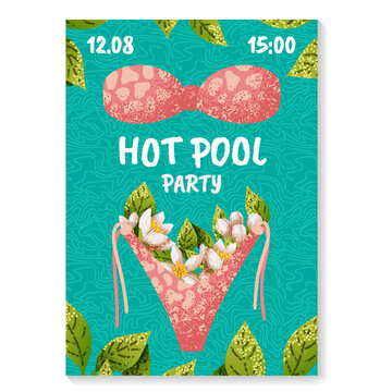 Pool party. Summer beach poster, sea or ocean water, underwater vacation, bikini swimsuit or swimwear and flowers, leaves, dj set. Vector textured flat background 