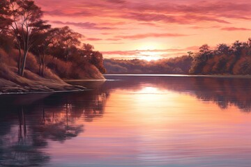 Tranquil Lakeside Sunset: Warm Hues Reflecting on Calm Water, generative AI